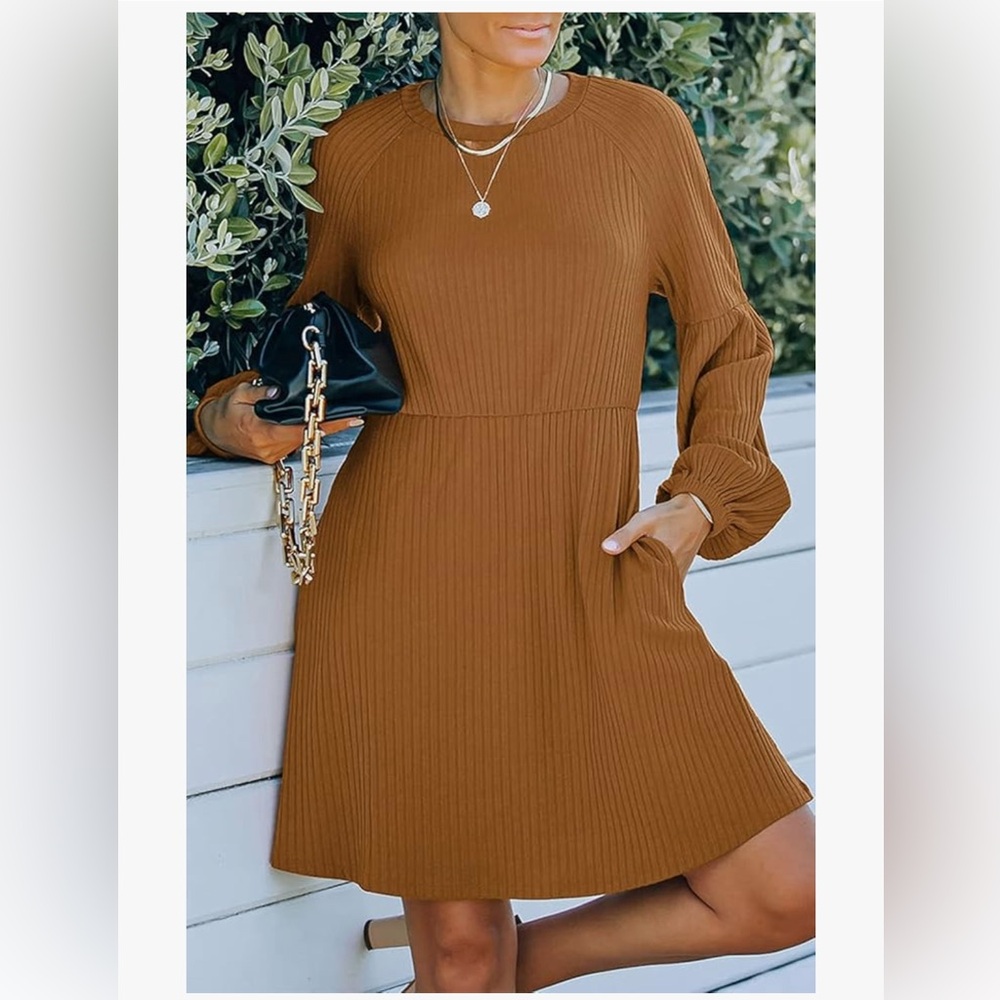 Women’s Casual Long Lantern Sleeve Ribbed Knit Mini Dress